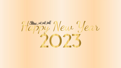 2023 Happy New Year with gold lettering and light gold background with Santa Claus