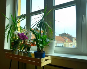 Indoor plants on windowsill. Home gardening, love of plants indoors. Flowers care and still life. Orchids and other indoor plants