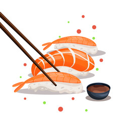 Sushi with salmon and shrimp and chopsticks on a white background. Vector illustration