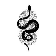 Fototapeta premium Floral snake. Black serpent in frame with flowers. Mystic animal tattoo. Spiritual vector illustration. Line art florals