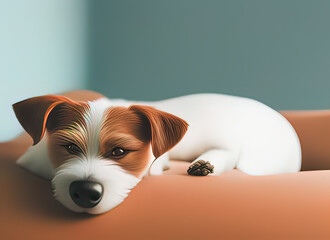 modern animated style Portrait of sleeping Jack Russell dog on the sofa_a dog is hiding under a blanket on a couch