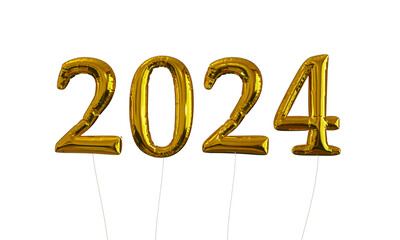2024 Gold Foil Balloons float in front of transparent background with no shadows