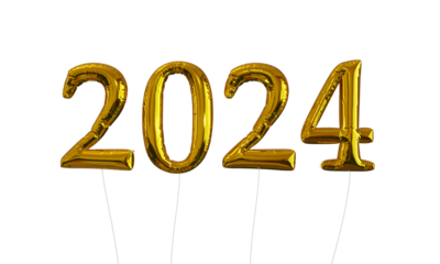 2024 Gold Foil Balloons float in front of transparent background with no shadows