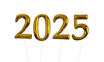 2025 Gold Foil Balloons float in front of transparent background with no shadows