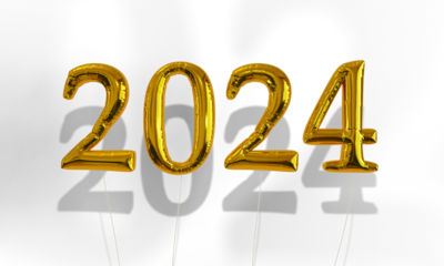 2024 Gold Foil Balloons float in front of transparent background with shadows