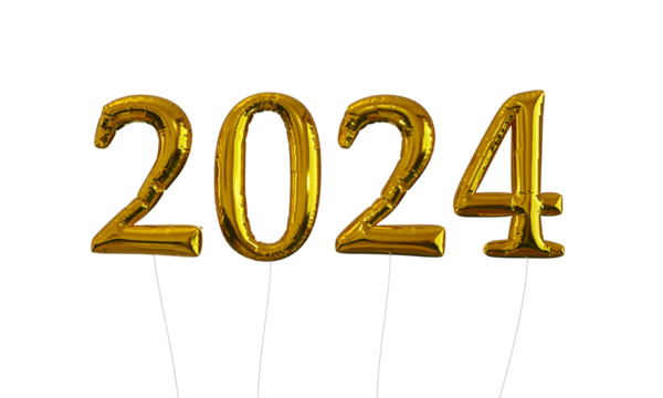 2024 Gold Foil Balloons float in front of transparent background with no shadows