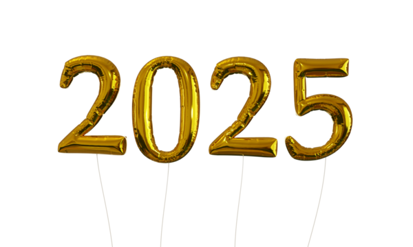 2025 Gold Foil Balloons float in front of transparent background with no shadows