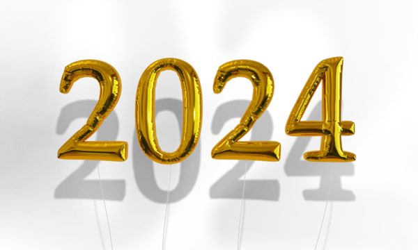 2024 Gold Foil Balloons float in front of transparent background with shadows