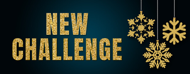 New Challenge in Happy New Year banner template with copy space. light bulbs and stars. Winter Holiday card concept. Christmas Tree With Baubles.