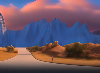 Fototapeta premium a winding road in a snowy desert with mountains in the background in a modern animated style
