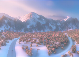 a winding road in a snowy desert with mountains in the background in a modern animated style