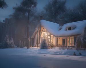 a winter scene with a house and trees covered in snow,