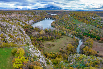Aerial view on Brljan Lake and Brljan waterfall in Krka National park in Croatia in autumn