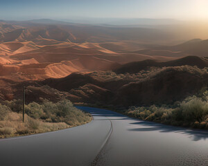 a winding road in the desert with mountains in the background