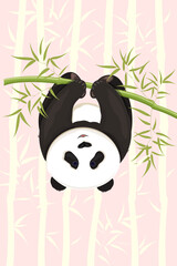Panda hanging upside down on a bamboo branch with leaves on a background of abstract bamboo branches