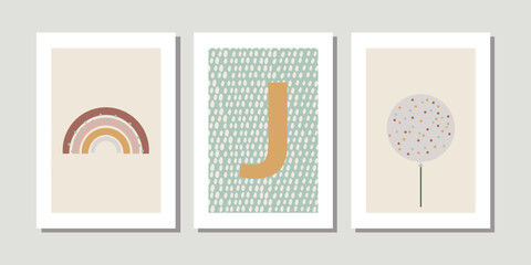 Kids, child art interior home decor. Letter J. 3 pieces frame canvas wall art. Colorful prints with shapes, Rainbow, balloon. Element for design. Three vertical frame posters on floor with white walls