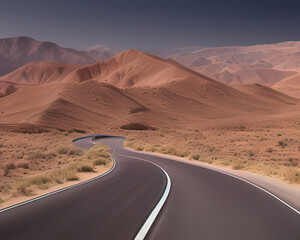 Fototapeta na wymiar a winding road in the desert with mountains in the background