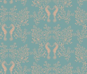 Print, sea horses and corals on teal, vector repeat pattern © Elena