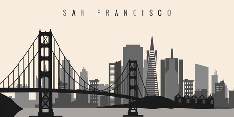 Flat illustration of city shadow, city elements and bridge. Black and beige tones.	