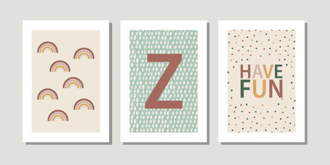Kids, child art interior home decor. Letter Z. 3 pieces frame canvas wall art. Colorful prints with shapes rainbow have fun. Element for design. Three vertical frame posters on floor with white walls