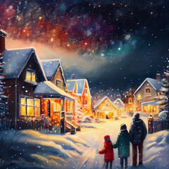 Colorful Christmas family Scene with snow falling and people gathering for the holidays