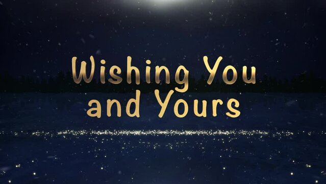 Happy Holidays Particles on Reflective Ice 4K Loop features a blue atmosphere with reflective ice and pine forest in the back with particles coming on screen with a holiday message.