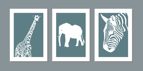 Giraffe, zebra, elephant wall art vector set. Pastel tones animal arts backgrounds. Abstract arts design for print cover wallpaper. Minimal and natural wall art vector illustration. White frame canvas