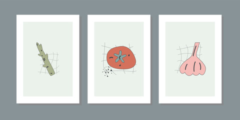 Minimalist wall art decor. For kitchen or cafe healthy vegetables three frame hand draw wall vegan posters. Line art abstract shape garlic tomato and asparagus. Print, cover, natural wallpaper.
