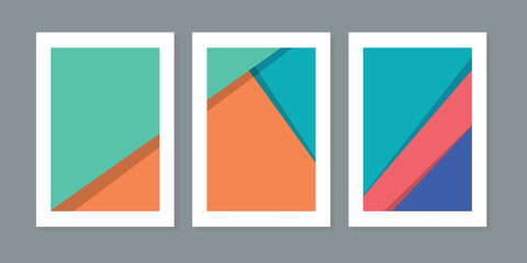 Three of geometric frame wall art set. Minimalist wall decor with blue, orange, red, cream and white color. Decoration, postcard or brochure design. Can use for poster cover social media and wallpaper