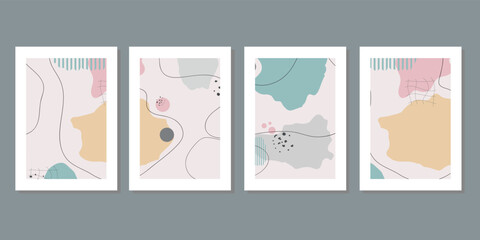 Colorful wave four frame wall art canvas. Line art abstract minimalist wall decor with soft pastel decoration postcard or brochure design. 
Social media stories and post creative vector set wallpaper 