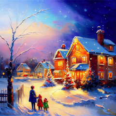 Fototapeta na wymiar Colorful Christmas family Scene with snow falling and people gathering for the holidays
