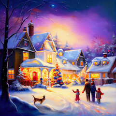 Colorful Christmas family Scene with snow falling and people gathering for the holidays