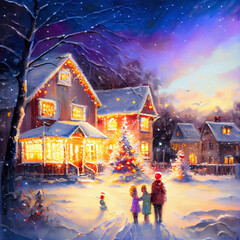 Fototapeta na wymiar Family Gathering for Christmas Holiday Greeting Card