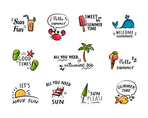 Vector illustration. Collection of summer labels, logos, hand drawn tags and elements. Doodle style. Sticker Set with summer illustrations for holiday, travel, beach vacation, sun