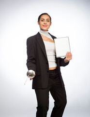 professional young woman with rapier and smartphone