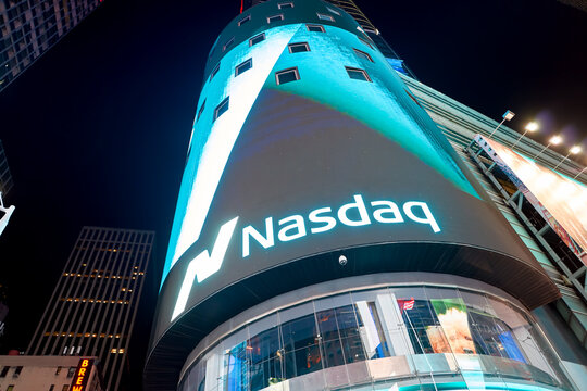 NEW YORK - CIRCA MARCH 2016: Nasdaq MarketSite at night. The City of New York, often called New York City or simply New York, is the most populous city in the United States
