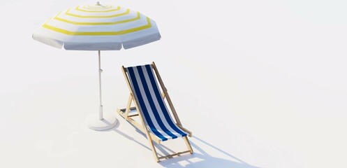 Open yellow beach umbrella, deck chair and white background. 3D Rendering.