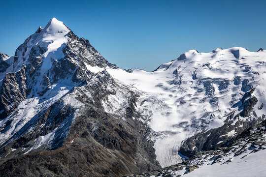 Bernina and Palu mountain range with glaciers in the Alps, Engadine, Switzerland