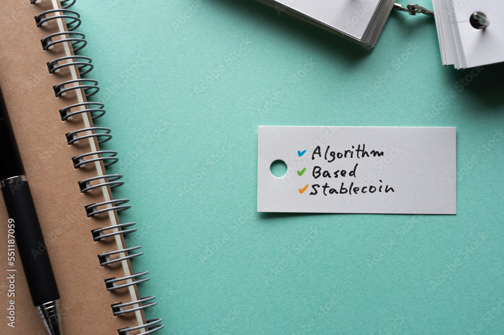 Poster there is word card with the word algorithm-based stablecoin. it is a web3 related term.