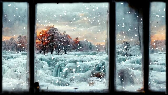 Animation of view through a window to beautiful landscape in the snow with snowfall
