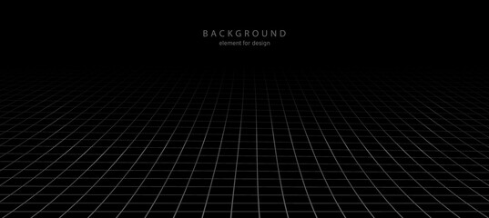 Perspective grid with depth of field effect. Abstract wireframe landscape. Detailed lines on black background. Wide blueprint texture. Vector.