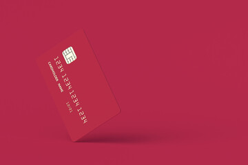 Credit card of magenta on red background. Color of the year 2023. Copy space. 3d render