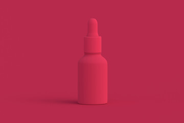 Cosmetic bottle with pipette of magenta on red background. Color of the year 2023. 3d render