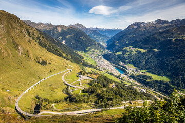 St. Gotthard mountain pass, dramatic road with swiss alps, Switzerland - obrazy, fototapety, plakaty
