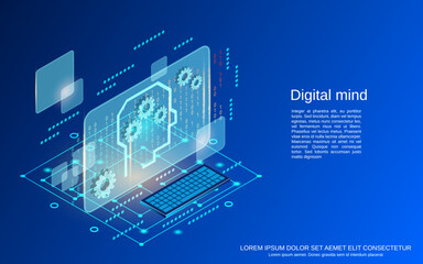 Digital mind, artificial intelligence, digital technology flat 3d isometric vector concept illustration