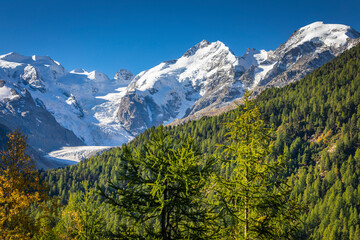 Bernina and Palu mountain range with glaciers in the Alps, Engadine, Switzerland