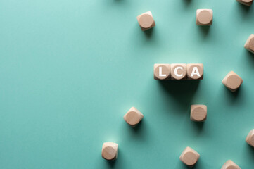 There is wood cubes with the word LCA. It's an abbreviation for Life Cycle Assessment.
