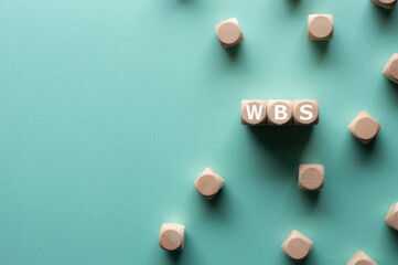There is wood cubes with the word WBS. It's an abbreviation for Work Breakdown Structure.
