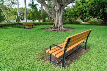 Two wooden bench on a grass field under the tree at Miami, Florida