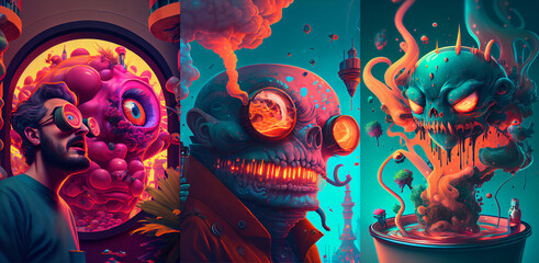 Cyberpunk monsters, sci-fi characters, cartoon style illustration, neon light, creatures, red dragon head in the night, collection